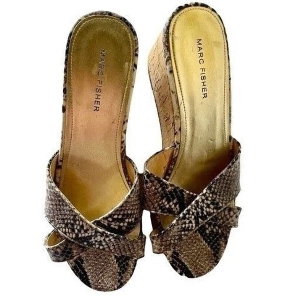 Marc Fisher Snakeskin Cork Wedge Slide Sandals Womens 9.5 Leather